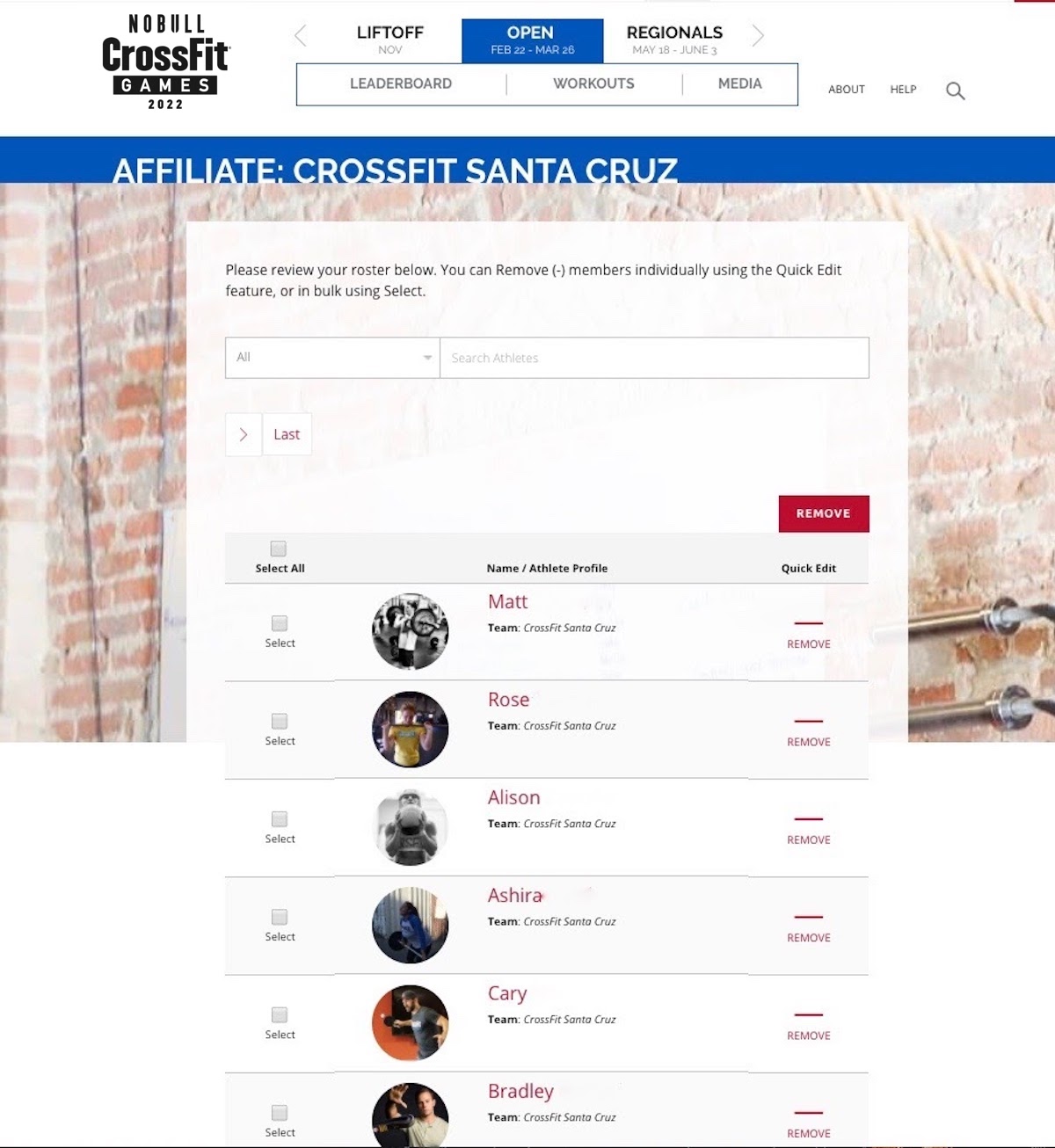 CrossFit Santa Cruz roster for the CrossFit Open